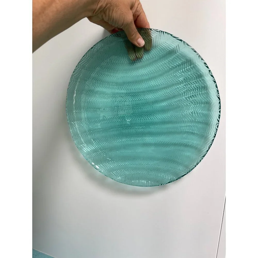 Arcoroc France Vintage Serving Platter 12.5 Inch Teal Herringbone Chevron Rare